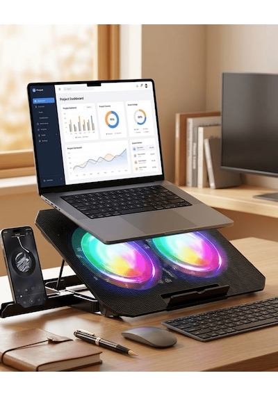 Shnstore Çift Fanlı Laptop Soğutucu Rgb Işıklı Sessiz Notebook Standı Shntknd0720