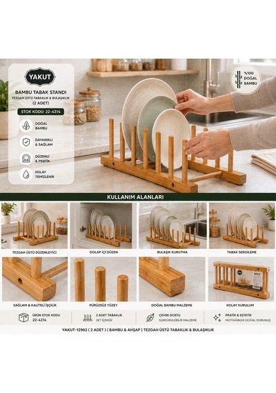 2pcs Bambu - Ahşap Tezgah Üstü Tabaklık - Bulaşıklık Renkli