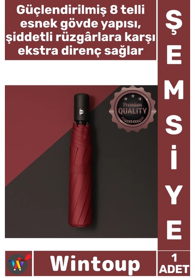 Wintoup Şemsiye Kompakt Rüzgara Dayanıklı 8 Telli Su Geçirmez Modern Şık Bordo Kılıflı Otomatik Şemsiye Çok Renkli
