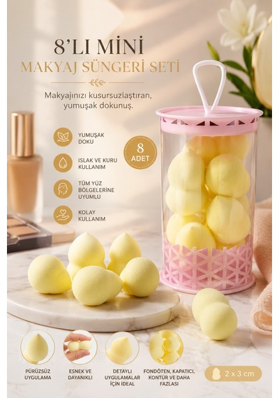 Mini Boy 8'li Sarı Makyaj Süngeri Seti- 2 Cm X 3 Cm Makyaj Uygulama Süngeri