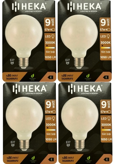 4 Adet Heka 9w 67w 3000k Sarı Işık E27 Duylu Kalın Duy Led Glop G95 Ampul Heka