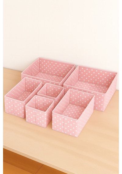 6'lı Pembe Desenli - Çekmece İçi Düzenleyici Organizer Set - Çok Amaçlı Dolap İçi Kutu Seti Kumaş 28 Diğer