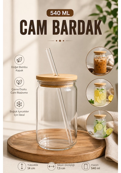 Pipetli Cam Bardak Bambu Kapaklı Soğuk Kahve, Bubble Tea, Limonata, Smoothie Ve Soda Bardağı 540 Ml Şeffaf