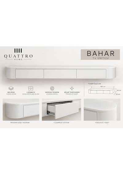 Bahar Duvara Monte Tv Ünitesi 180 Cm 3 Çekmeceli Modern Beyaz Tv Sehpası