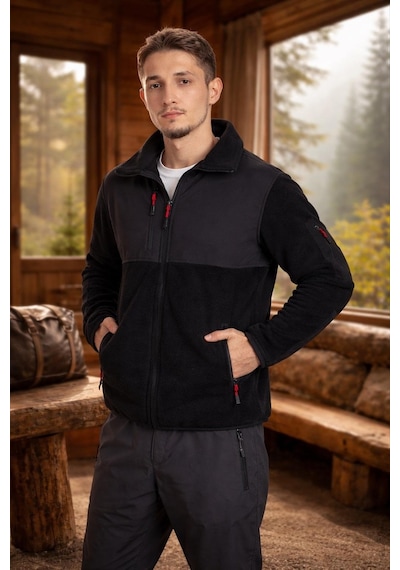Vatan Tekstil Slim Fit Erkek Tam Fermuarlı Dik Yaka 4 Cepli Polar Softshell Garnili Siyah