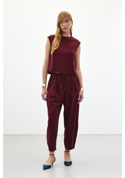 Sateen Şalvar Kesim Pantolon - Bordo-136447 Bordo