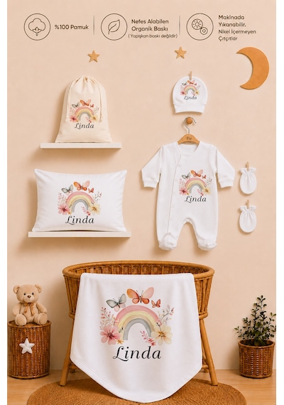 Pia Baby İsme Özel %100 Pamuk Kız Bebek Yastık Battaniyeli Tulum Set Kese Hediyeli 1079tybk3x Krem