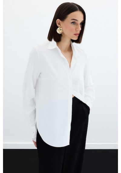 Sateen Düz Klasik Gömlek - Ekru-122325 Ekru