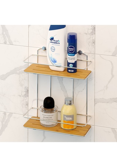 Teknotel Iki Katlı Ahşap Banyo Duş Rafı Krom Bk076 Siyah