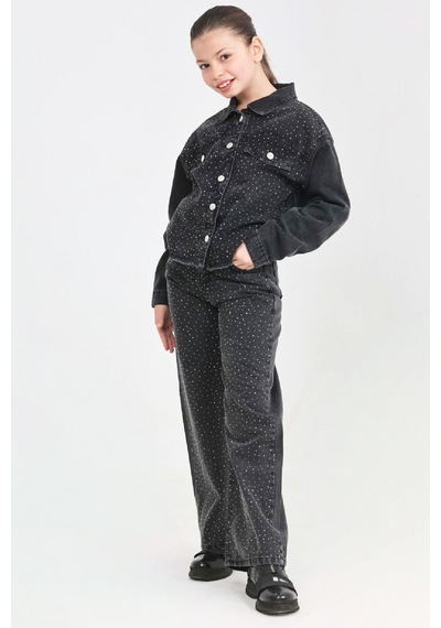 Modanino Kız Çocuk Jean Takım-taş Süslemeli Ceket+pantolon 12452 Siyah