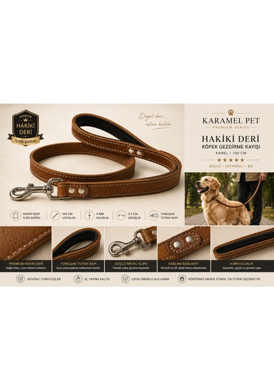 Premium Hakiki Deri Köpek Gezdirme Kayışı Kamel 100 Cm Yumuşak Dolgulu Tutma Saplı Camel