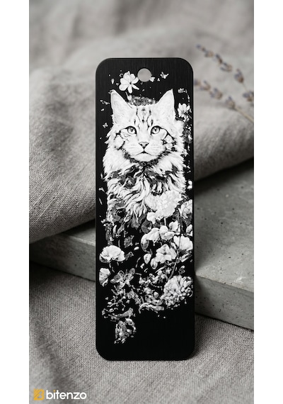 Sanatsal Kedi Ve Çiçek Figürlü Kabartma Dokulu Kitap Ayracı - Mat Siyah Şık Kitap Aksesuarı