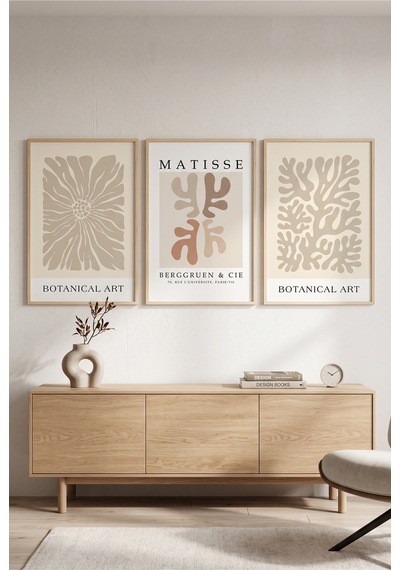 Doğal Ahşap Çerçeveli Bej Matisse Botanik Sanat Üçlü Duvar Tablosu Modern Minimalist Dekorasyon Kabartma Görünümlüdür Bej