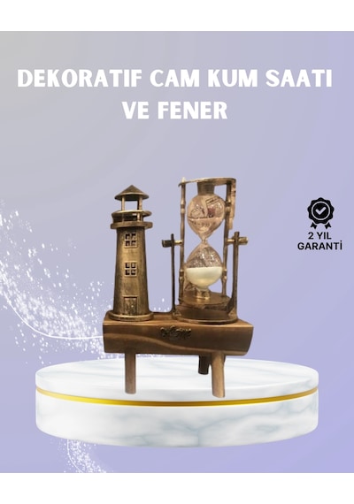 Ahşap Kum Saati Ve Deniz Feneri Figürü Bir Arada Ev & Ofis Dekorasyonu Renkli