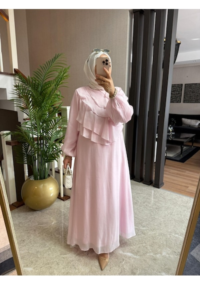 Şık Tasarım Pudra Pembe Volan Detaylı Uzun Elbise