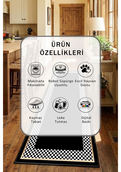 Süslü Kitchen Ortasi Siyah Yazisiz Yıkanabilir Mutfak Halısı