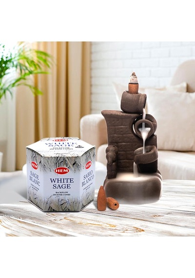 Hem Tütsü Geri Akış Şelale Beyaz Adaçayı Kokulu 40 Konik Tütsü - White Sage Backflow Incense Cones