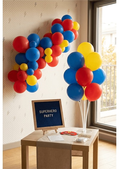 Süper Kahraman Doğum Günü Süsleme Deluxe Set Koyu Mavi Keçe Yazı Panosu Standlı Balon Zincirli 7 Li Şeffaf Balon Standlı Çocuk