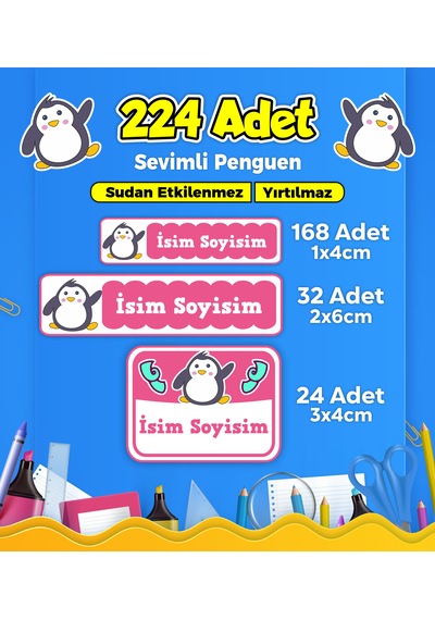 Sevimli Penguen Temalı Okul Kreş Kişiye Özel İsim Etiket Seti - Model 98 Çok Renkli