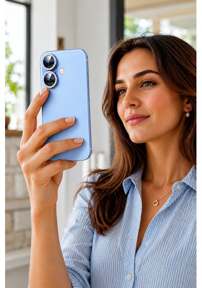 Apple iPhone 17 Uyumlu Taşlı Kamera Lens Koruyucu Sis Mavisi