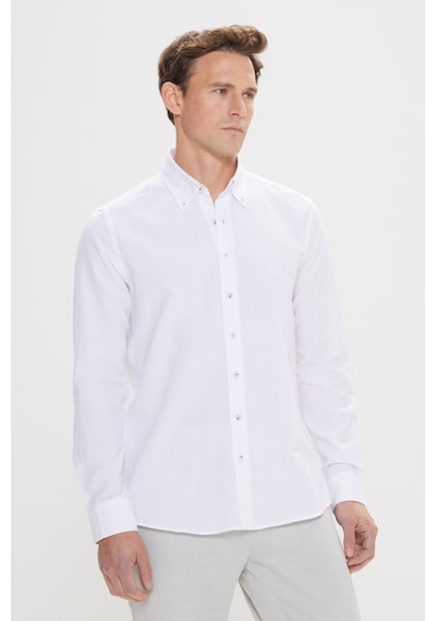 Erkek Beyaz Slim Fit Dar Kesim Düğmeli Yaka Pamuklu Oxford Gömlek Beyaz
