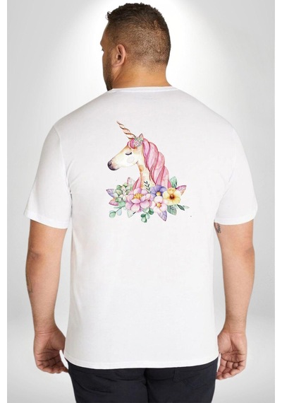 Angemiel Unicorn Çiçek Büyük Beden Beyaz Tişört Kadın Erkek Ünisex Sırt Baskılı Beyaz