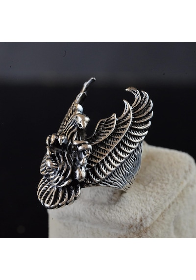 Erkekler İçin Sterling Gümüş Yüzük - Büyük Ve Ağı Heavy Phoenix Ölüm Kafası Biker Yüzüğü Gümüş