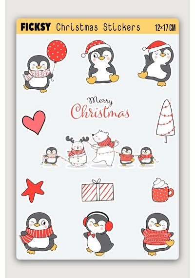 Sevimli Penguen Yılbaşı Yeni Yıl Temalı Sticker Seti - 13 Adet Etiket Çıkartma Diğer