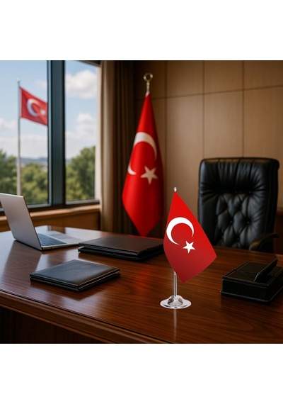 Türk Masa Bayrağı 15 X 23 Cm Çift Taraflı Baskılı Lüks Saten Kumaş 33 Cm Krom Direkli, 7.8 Cm Ağır Me 1