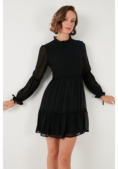 Lela Regular Fit Dik Yaka Büzgülü Astarlı Mini Bayan Elbise 611El345 Siyah Lela Regular Fit Dik Yaka Büzgülü Astarlı Mini Bayan Elbise 611El345 Siyah