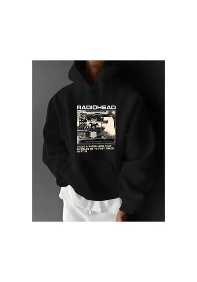Herkesemoda Radiohead Baskı Detaylı Kapüşonlu Sweatshırt Siyah Siyah