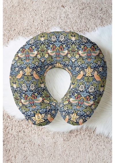 Kuş Ve Çiçek Desenli Ergonomik Boyun Yastığı - Vintage Lacivert Sarı Yumuşak Seyahat Yastığı Tozlu Toprak Deniz Mavisi