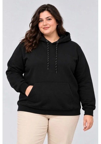 Battal Büyük Beden Üç İplik İçi Şardonlu Kapüşonlu Kanguru Cepli Kışlık Sweatshirt - Siyah