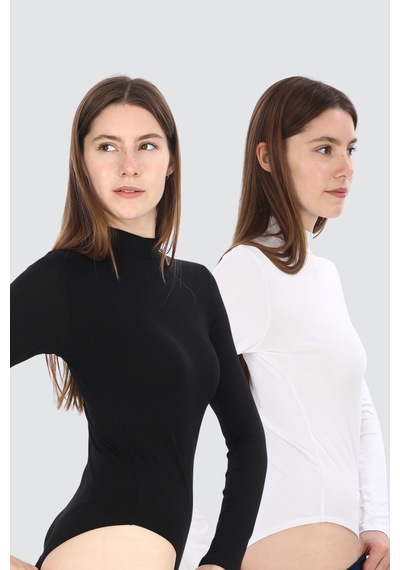 Kadın Viskon Boğazlı Kopçalı Zıbın Body 2'li Set Siyah-beyaz Siyah - Beyaz