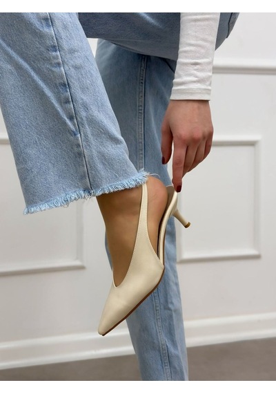 Ervanın Butiği Bej Parlak Deri Larry Lastik Detay Kadın Stiletto-6079 Bej Cilt