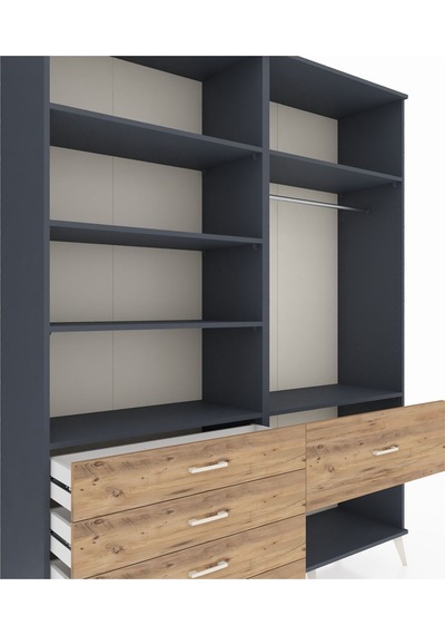 Hyperion Gardrop 6 Raflı 5 Çekmeceli Tek Askılı 176x44x221 Antrasit-antrasit/çam Antrasit/çam