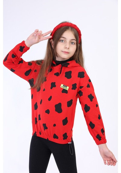 Toontoy Kız Çocuk Komple İnek Baskılı Sweatshirt Kırmızı