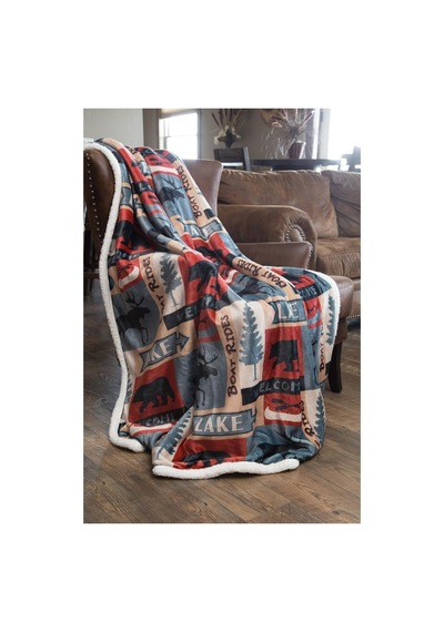Inc. Lake House Rustik Kabin Sherpa Muflon Büyük Battaniye, 137,2 Cm X 172,7 Cm, Mavi Çok Renkli
