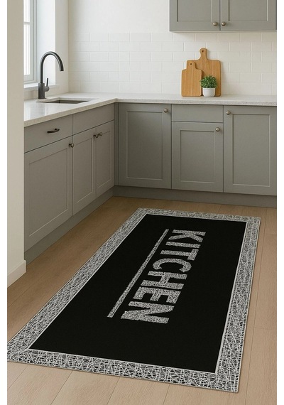 Siyah Renk Kitchen Mutfak Halısı Dekoratif Kilim Siyah