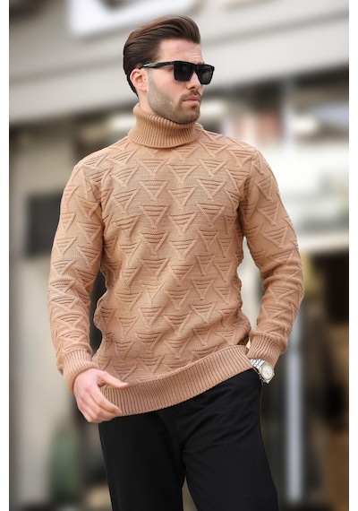 Madmext Camel Balıkçı Yaka Desenli Erkek Kazak E7292 Camel
