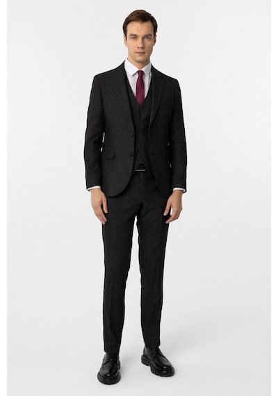 Süvari Siyah Slim Fit Desenli Sivri Yaka 6 Drop Yelekli Klasik Takım Elbise Siyah