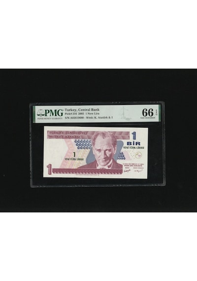 Bir Yeni Türk Lirası 1 Ytl P216 2005 Pmg 66 Epq Gem Unc S/n A29619828 / 8.ems 1. Tertip