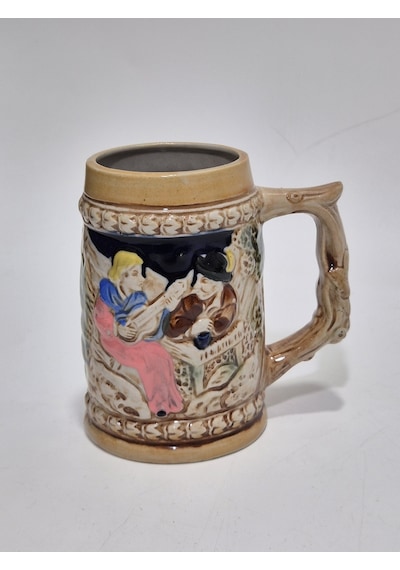 Vintage Tankart Kabartmalı İnsan Ve Doğa Tasfirli Alman Seramik Bira Bardağı 11,8cm 004