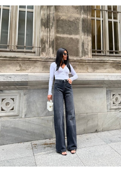Zdn Jeans Yüksek Bel Antrasit Wide Leg Jean