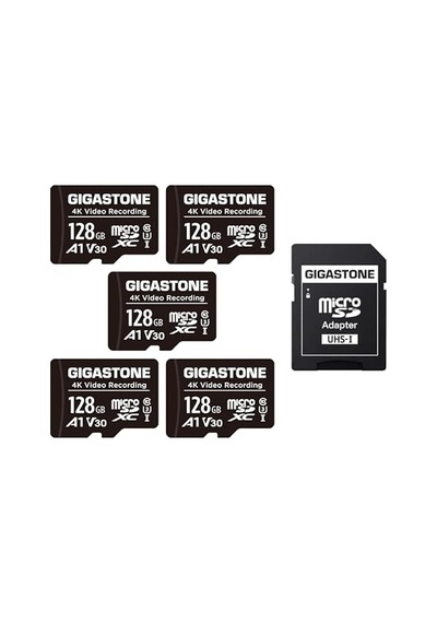 Gıgastone 128gb Microsdxc Hafıza Kartı Paketi 5'li + Aksiyon Kamerası, Gopro, Drone Ve Tablet İçin Sd Adaptörü, 85 Mb/s'ye Kadar, Full Hd Video Kayıt, Mikro Sd Kart Uhs-ı Sınıf 10 U1