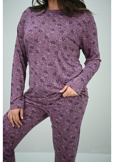 Kadın Büyük Beden Çiçek Desenli Uzun Kollu Pijama Takımı 4235-25 Siyah