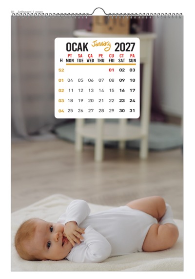 2027 Bebek Duvar Takvimi 33x48 Cm 12 Sayfa Üstten Spiralli Diğer