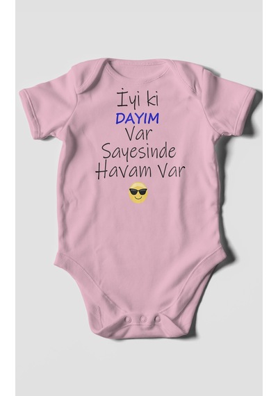 İyi Ki Dayım Var Sayesinde Havam Var Baskılı Bebek Zıbını Çıtçıtlı Body %100 Pamuk Kısa Kol Koyu Pembe