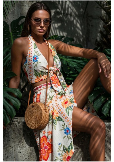 Fashion Cocktail Island Girl Vintage Bağlamalı Tropikal Halter Yaka Büstiyer Ve Cepli Asimetrik Mendil Etek Yazlık Bohem Boho Set Takım ekru Fashion Cocktail Island Girl Vintage Bağlamalı Tropikal Halter Yaka Büstiyer Ve Cepli Asimetrik Mendil Etek Yazlık Bohem Boho Set Takım ekru