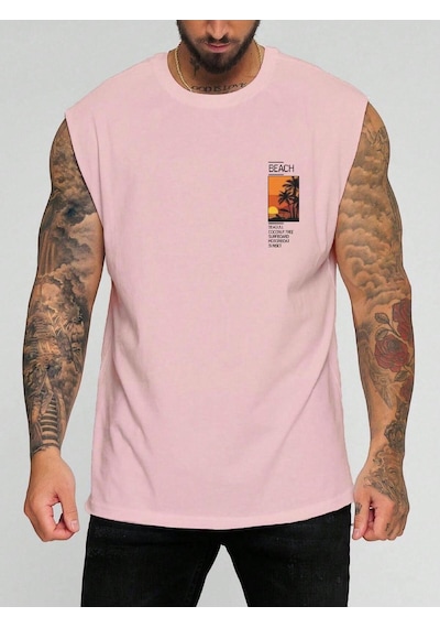 Beach Summer Baskılı Kolsuz Tişört Pembe